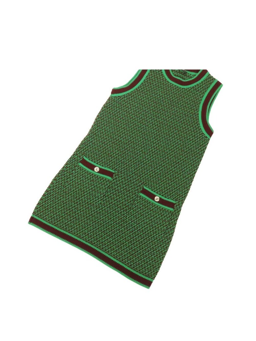 Chanel Knit Dress Green Brown Silver Cashmere Coco Buttons Sleeveless 38